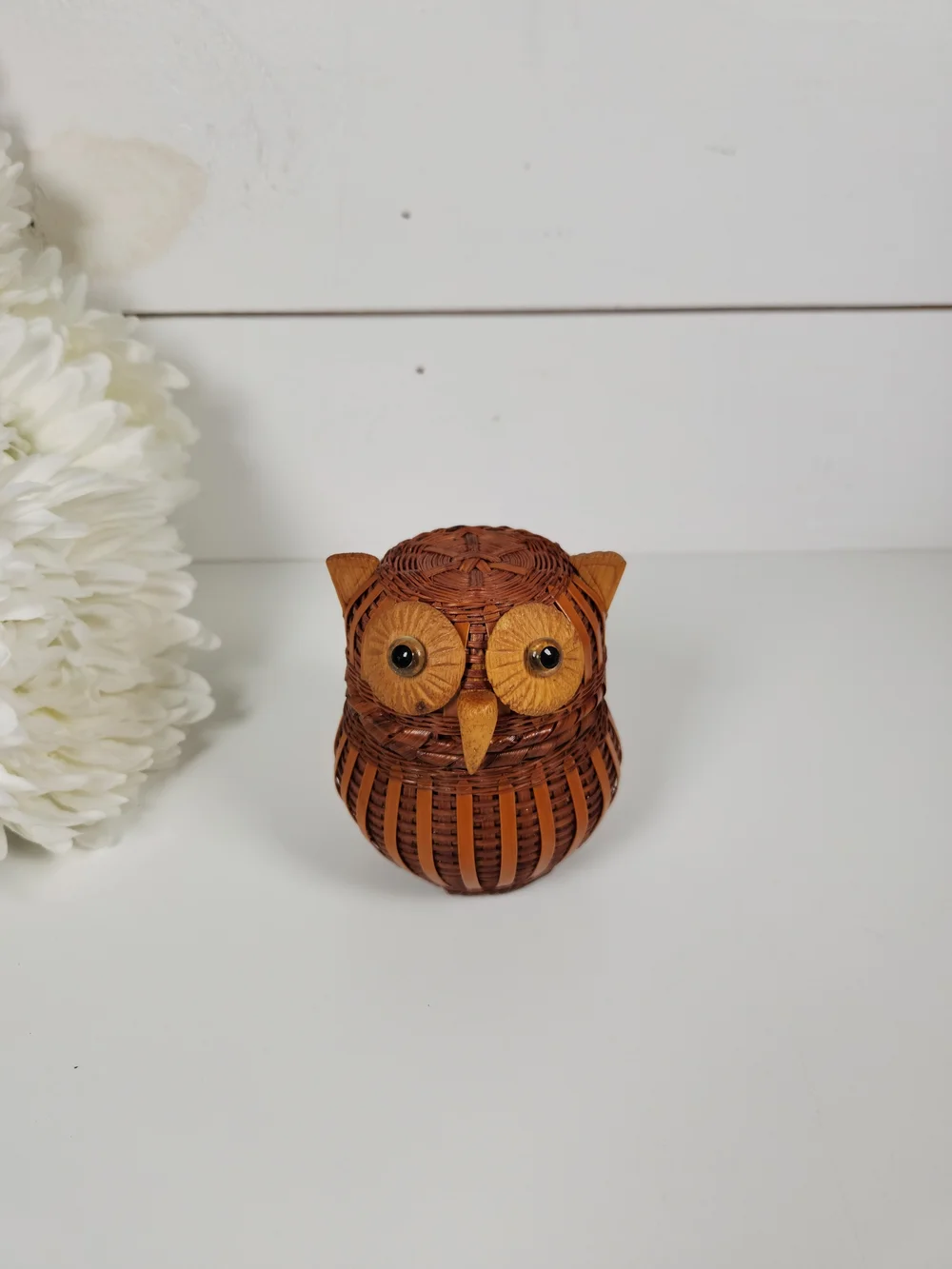 Vintage Wicker Owl Lidded Basket | Mid Century Owl Trinket Box